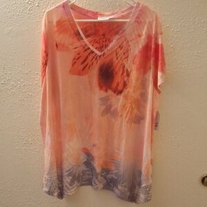 Time and Tru Pink and Orange Floral V-Neck Tee